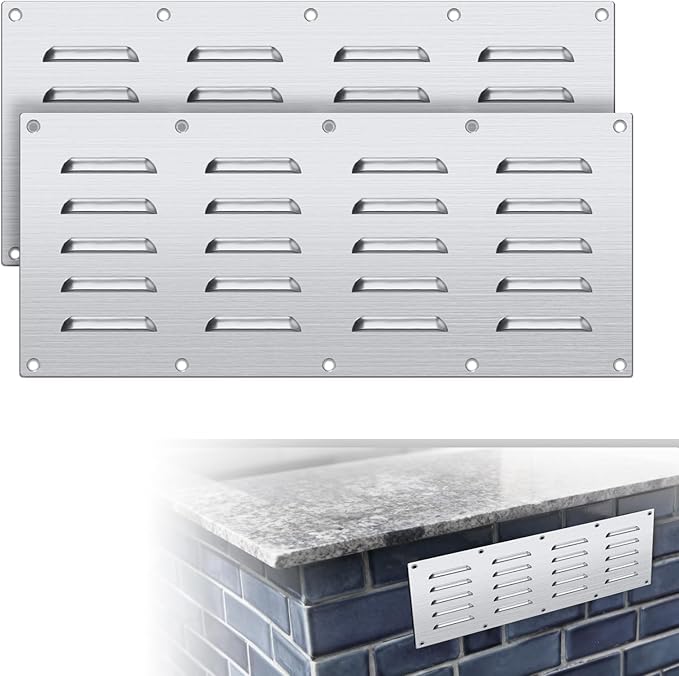 2 Pack Stainless Steel Venting Panel for BBQ Grill Accessory, 15x6.5 Inch (20-Slots), 304 Grade Metal Vent Cover for Masonry Fire Pits & Outdoor Kitchens, Weather Resistant, 15" by 6-1/2"