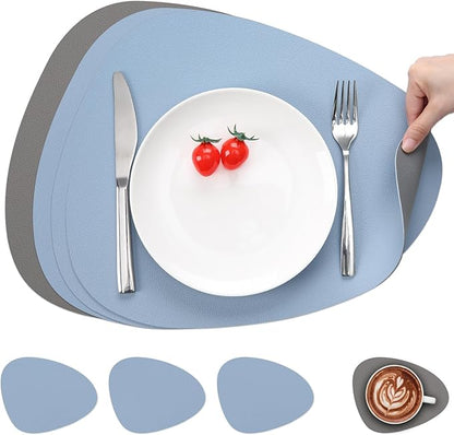 Myir JUN Placemats, Dual-Sided Placemats Waterproof Faux Leather Placemats Set of 6 Place Mats and Coasters Non-Slip Washable Table Mats for Dining Table (Gray Sky Blue, Set of 4)