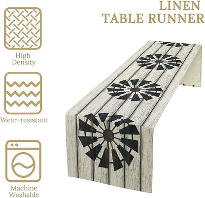 Retro Windmill Table Runner, Rustic Farmhouse Wood Grain Country Style Print Table Runner for Dinning Holiday Party Indoor Outdoor Decor, 13x120inch