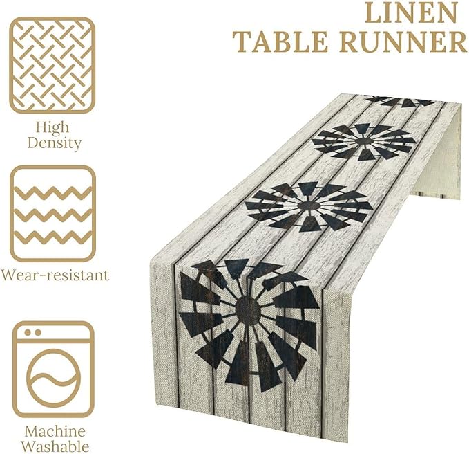 Retro Windmill Table Runner, Rustic Farmhouse Wood Grain Country Style Print Table Runner for Dinning Holiday Party Indoor Outdoor Decor, 13x70inch