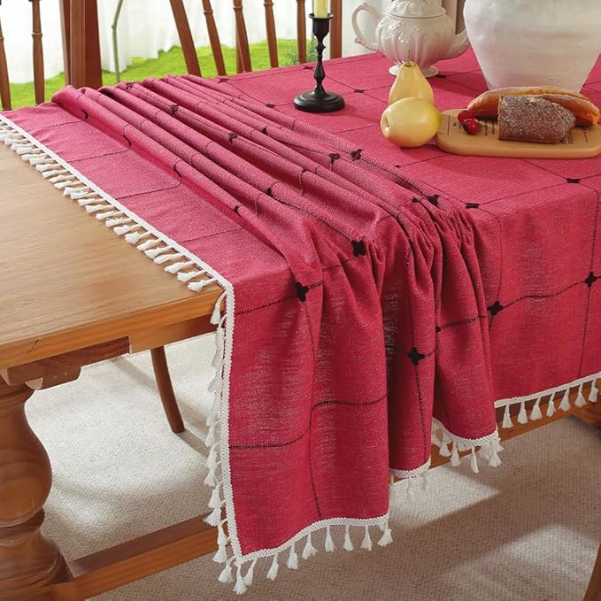 Pahajim Rustic Linen Tablecloth Cotton Rectangle Table Cloth for Kitchen Dining with Tassel Plaid Waterproof Tablecloths Rectangle/Oblong,55''x118'',10-12 Seats