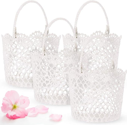WILLBOND 8 Pcs White Flower Girl Basket with Handle for Wedding Ceremony, 5.9 x 4.72 x 4.33 Inch
