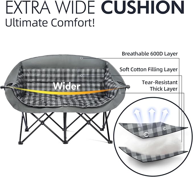 Double Camping Chair Loveseat -2 Person Oversized Padded Outdoor Camp Couch | - Image 3