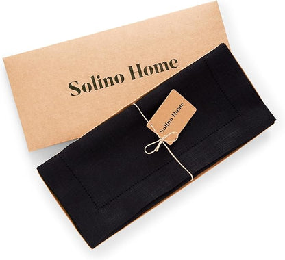 Solino Home Linen Black Hemstitch Table Runner 48 Inches - 100% Pure Linen Small Table Runner 14 x 48 Inch Ideal for Dresser and Coffee Tables - Medium Weight, Winter