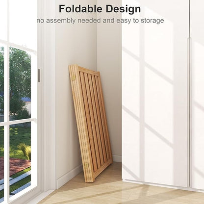 36" Height Extra Tall Freestanding Pet Gate, Solid Wood Folding Safety Fence Wooden Dog Gate with 2 PCs Support Feet Ideal for Stairs, Doorways, Halls, Kitchens, Heavy Duty Gates, 4 Panels, Oak
