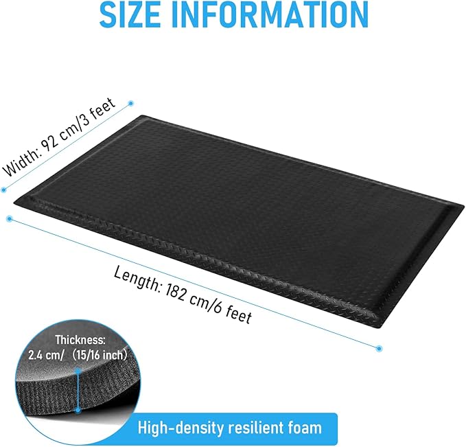 2 x 5 FT Anti Fatigue Mats Industrial 15/16 Inch Thick Soft Sponge Ergonomic Mat Durable Heavy Duty Diamond Plate for Standing Non Slip Industrial Grade Floor Mat for Leg & Back Pain (Black)