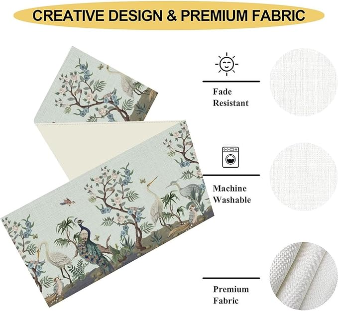 Blue Peacock Table Runner,Rustic Light Blue Crane Floral Branch Table Center Decor for Home Dining Kitchen Patio Holiday Party Indoor Table Decorations, 13"x108"