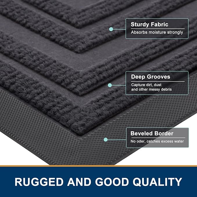 Buganda Front Door Mat Indoor Outdoor Entrance, Non-Slip Natural Rubber Doormats, Easy Clean, Low Profile, Dirt Trapper Entryway Floor Mats for Outside, Garages and Patios, 36x24, Light Grey