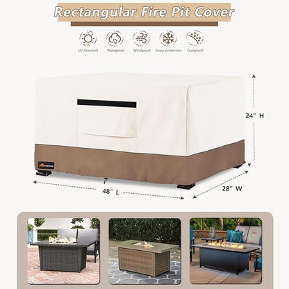Fire Pit Cover Rectangular, Outdoor Heavy Duty 600D Tear-Resistant 100% Waterproof 48 Inch Fire Table Cover Rectangle, Patio Weatherproof Rectangular Fire Table Protector, Beige 48" L x 28" W x 24" H
