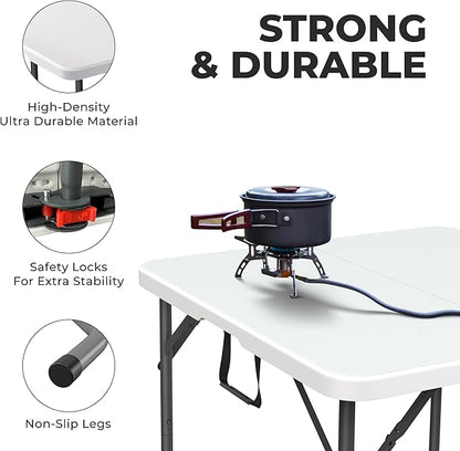 34" Square Foldable Table with Built in Handle & Steel Legs | Heavy Duty Portable | Perfect for Party, Dining, Wedding, Events, Picnic Indoor, Outdoor, Camping, Utility, Temporary