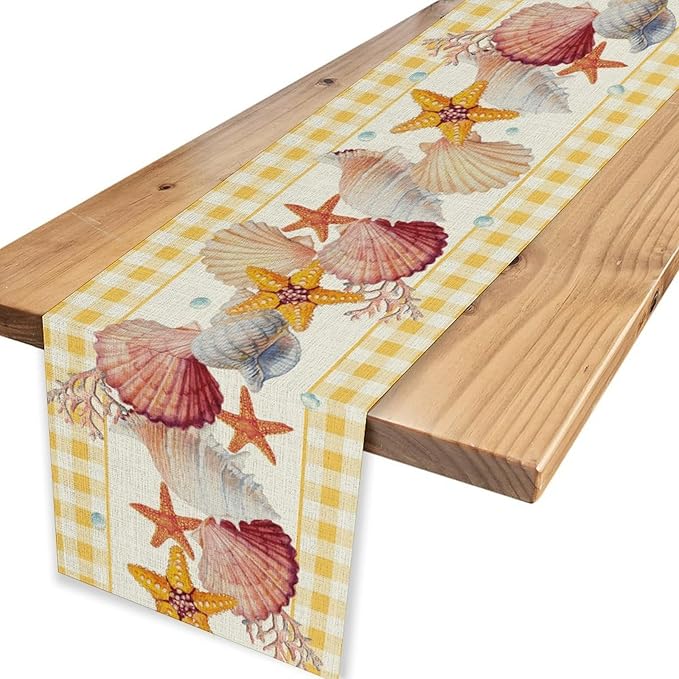Coastal Table Runners, Yellow Plaid Buffalo Nautical Ocean Starfish Coral Seashell Pearl Beach Summer Coffee Table Center Decor for Family Wedding Holiday Party Farmhouse Table Decorations, 13" X 72"