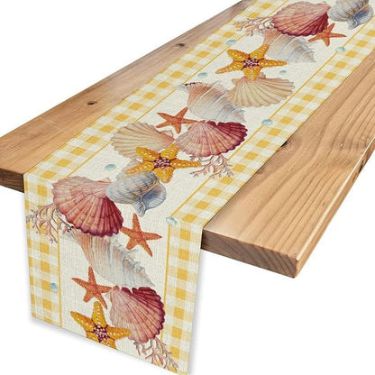 Coastal Table Runners, Yellow Plaid Buffalo Nautical Ocean Starfish Coral Seashell Pearl Beach Summer Coffee Table Center Decor for Family Wedding Holiday Party Farmhouse Table Decorations, 13" X 72"