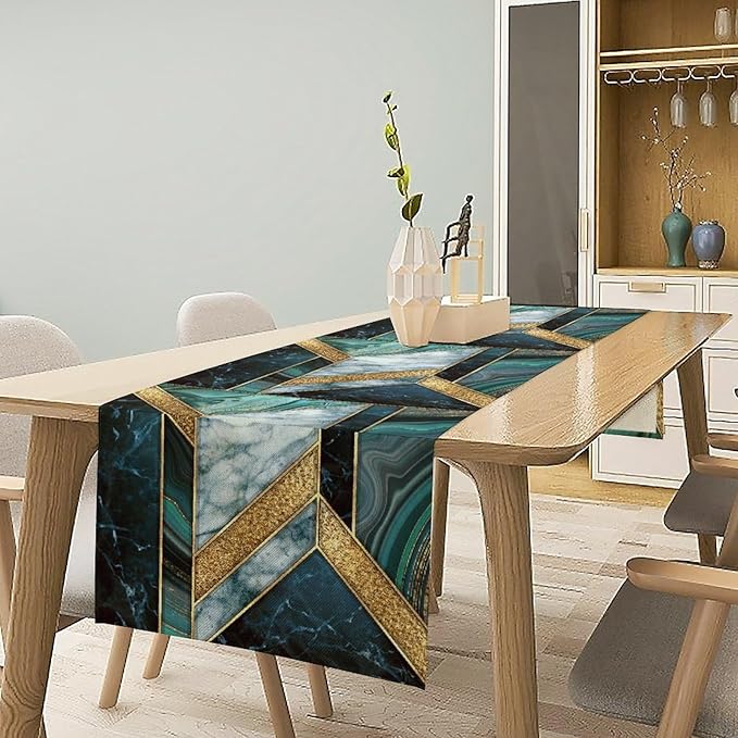 Marble Table Runner, Dark Green Gold Modern Mosaic Design Table Runner Decoration for Kitchen Family Dinner Table Holiday Party Farmhouse 13x120in