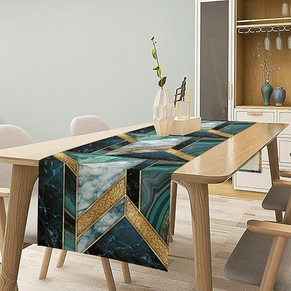 Marble Table Runner, Dark Green Gold Modern Mosaic Design Table Runner Decoration for Kitchen Family Dinner Table Holiday Party Farmhouse 13x60in