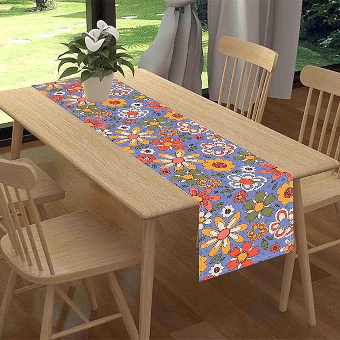70s Floral Table Runner, Retro Groovy Hippie Lovely Floral Funky Daisy Trippy Coffee Table Center Decor for Home Kitchen Dining Patio Holiday Party Indoor Outdoor Table Decorations, 13"x72" Inch