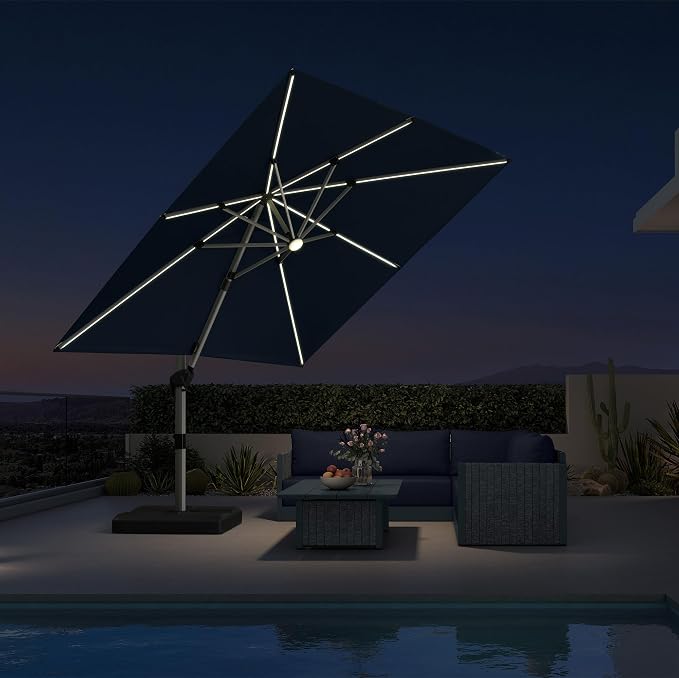 PURPLE LEAF Cantilever Patio Umbrella 9' X 9' Solar LED Light, Support to by PURPLELEAF