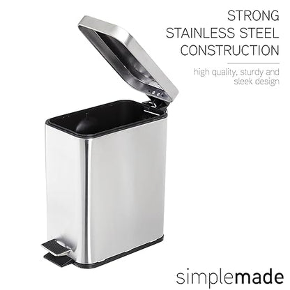 SIMPLEMADE Rectangle Step Trash Can - 5 Liter / 1.3 Gallon - Small with Lid, Stainless Steel for Bathroom | Office | Garbage | Metal Wastebasket (Steel)