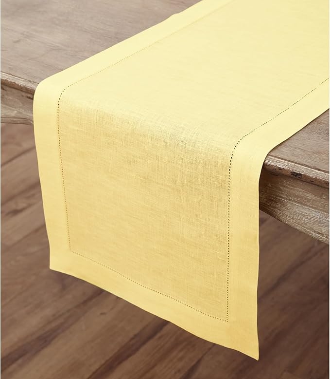 Solino Home Linen Yellow Table Runner 120 Inches Long - 100% Pure Linen Hemstitch 14 x 120 Inch Table Runner for Dining, Valentines, Spring, Easter - Classic Hemstitch