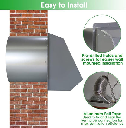 10 Inch Hooded Wall Vent Exhaust with Screen and Damper,Outdoor Wall Exhaust Vent Cover Cap for Kitchen Range Hood Outside Exterior Dryer Ventilation,Galvanized Steel,Gray