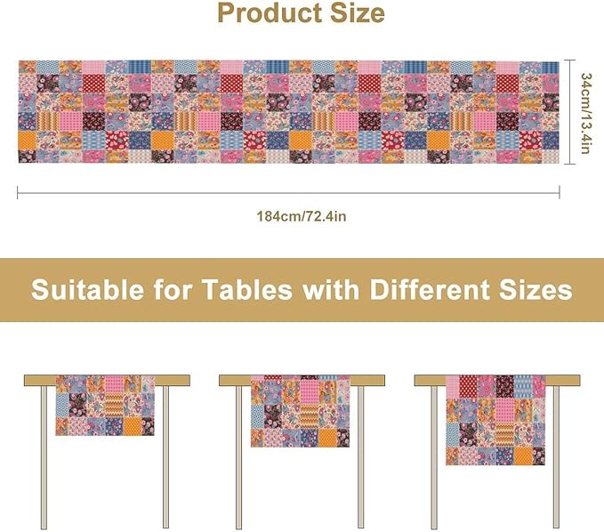 Patchwork Floral Table Runner, Patch Boho Flowers Country Wildflowers Rustic Splicing Design Pattern Table Runner for Farmhouse Kitchen Dining Home Party 13x120in