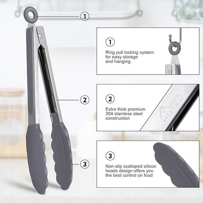 HOTEC Premium Stainless Steel Locking Kitchen Tongs with Silicon Tips, Set of 3-7", 9" and 12" (Grey)