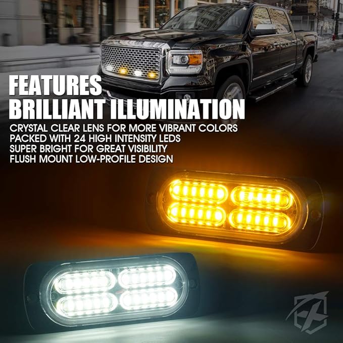 Xprite Amber/White 24 LED Surface Mount Strobe Lights Kit with Control Panel, Grill Grille Side Marker Flashing Emergency Warning Light Assemblies for Construction Vehicles Tow Trucks ATV UTV Van 8PCS