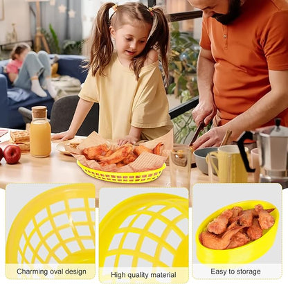 20 Pack Plastic Fast Food Baskets, 8.8" × 5.5" Small Oval Restaurant Serving Baskets Tray for Burgers, Sandwiches, Hot Dogs, Parties, Food Trucks, Reusable or Disposable, Stackable(Yellow)