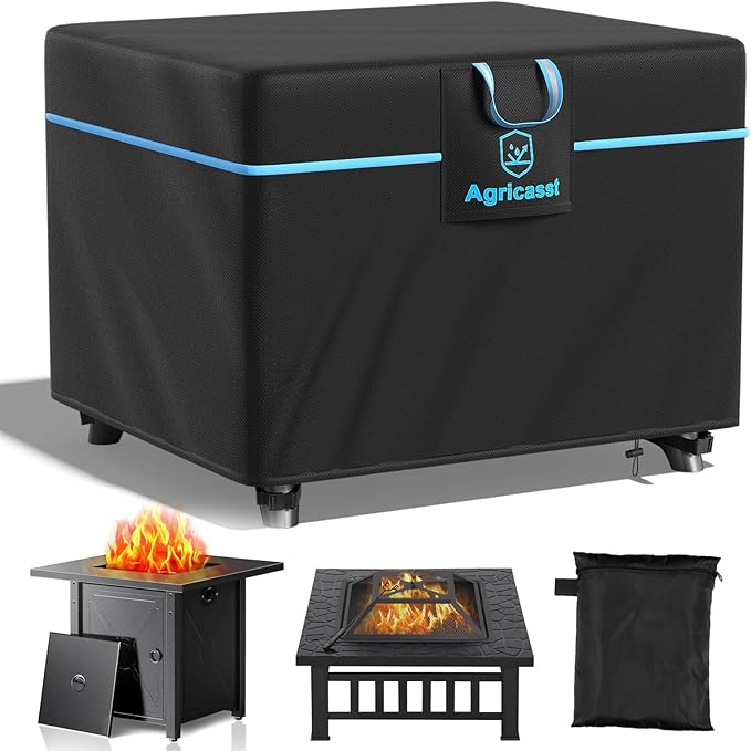 Square Fire Pit Cover for 33-36 Inch Fire Pit, 600D Heavy Duty Fire Table Cover Waterproof Patio Firepit Cover with Air Vent, Handle, 4 Windproof Buckles, Drawstring - 36''L x 36''W x 25''H