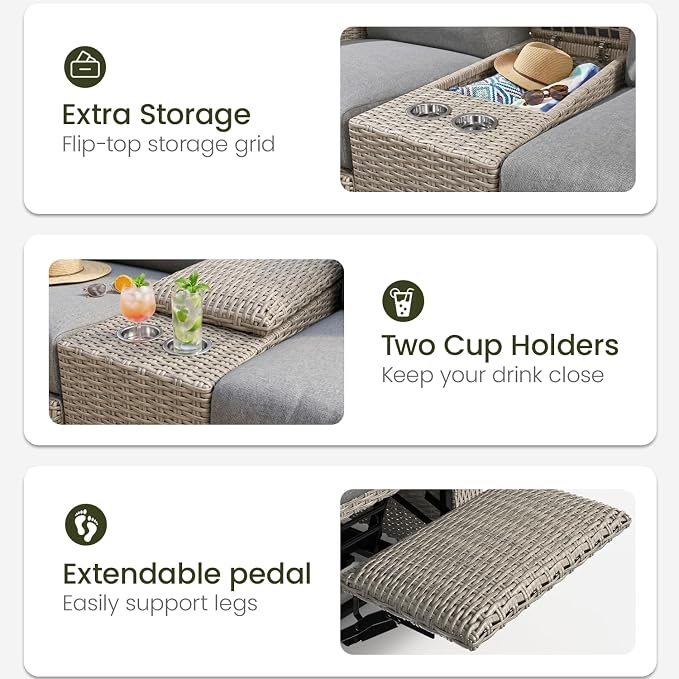 Oversized 3 Pieces Wicker Outdoor Recliner Loveseat - Image 8