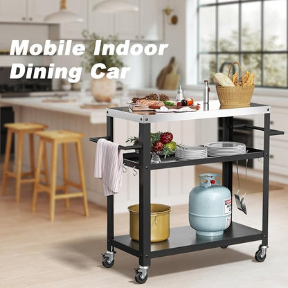 Outdoor Grill Cart with Three-Shelf, Stainless Steel Pizza Oven Table for Outside, Dining Kitchen Cart with Two Side Handle, Garden Patio BBQ Kitchen Food Prep Table Cart (Black)