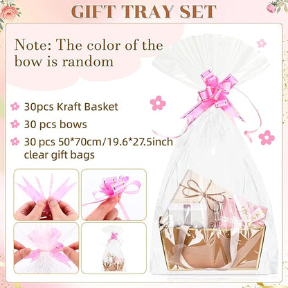 Tuanse 30 Pcs Basket for Gift Empty DIY Bulk Gift Basket Kit with Handle Kraft Cardboard Tray with 30 Bag 30 Bow Market Tray for Wedding Party(Brown Gold,9.8 x 6.7 x 4.3 in)