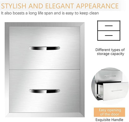 Outdoor Kitchen Stainless Steel Triple Access BBQ Drawers With Handle For BBQ Island Patio Grill Station,Double Drawers