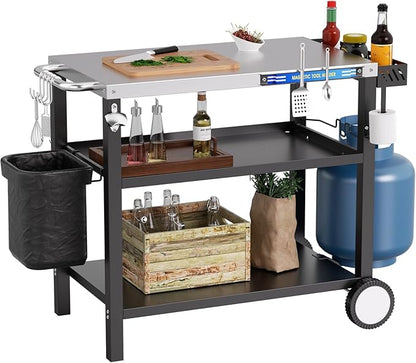 34" L x 20" W Stainless Steel Outdoor Grill Table, Grill Cart for Outside, Pizza Oven Table Stand with Magnetic Tool Holder, Wheels,Hooks, Side Tray &Handle