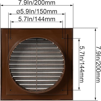 Brown 6" Inch Ventilation Grille - Inside/Outside use - (Flange 5.9"Ø/Cover 8"x8") - Air Vent Louver - Exhaust Hood - Available 3 Sizes / 4 Colors.