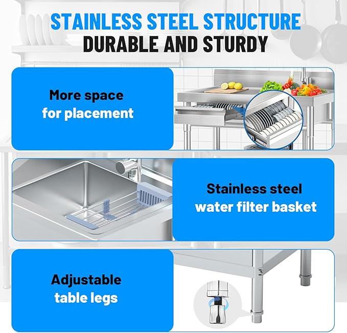 40Inch Stainless Steel Utility Sink,Free Standing Single Bowl Kitchen Sink with Left Right, Cold and Hot Water Pipe, Indoor and Outdoor for Laundry Room Farmhouse Kitchen