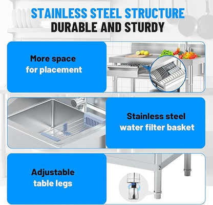 40Inch Stainless Steel Utility Sink,Free Standing Single Bowl Kitchen Sink with Left Right, Cold and Hot Water Pipe, Indoor and Outdoor for Laundry Room Farmhouse Kitchen