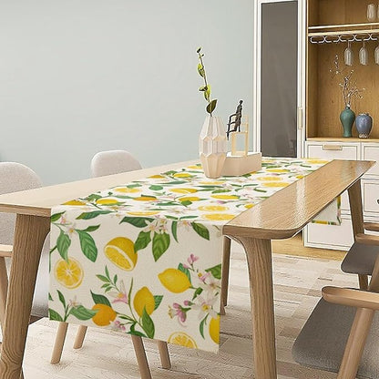 Yellow Lemon Table Runner,Spring Floral Summer Fruits Print Table Decoration for Farmhouse Kitchen Dinner Dining Table Holiday Party Home Decor 13x90in