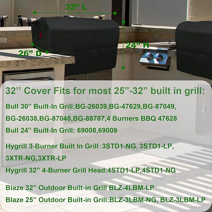 Built-in Grill Cover 32" Fits for Bull 30",Hygrill 3 Burner,Hygrill 32",Blaze 25" & 32" Built in Grill,Most 25"-32" Built in Grill,Island BBQ Grill Top Cover,Countertop Grill Cover