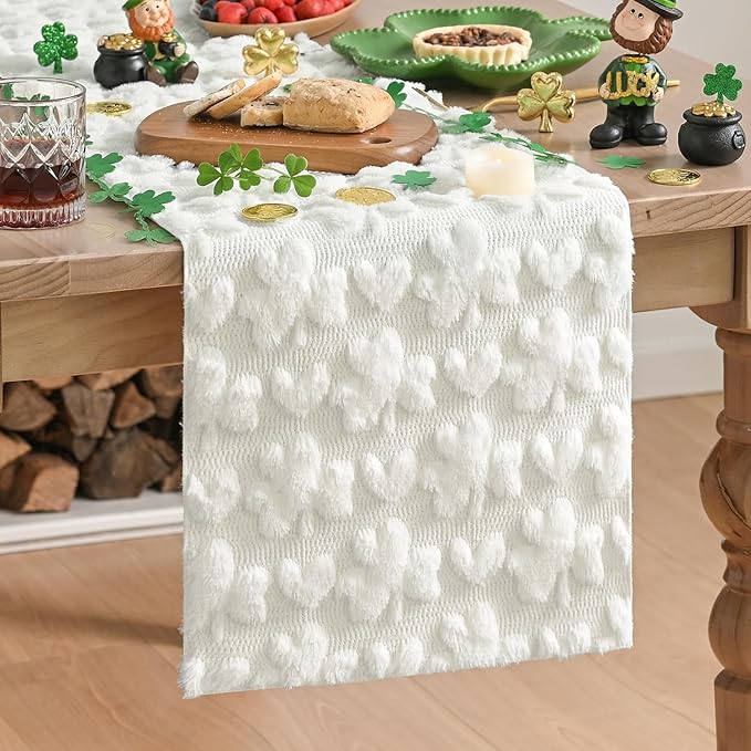 Artoid Mode White Soft Plush Faux Fur Jacquard Heart Clover St. Patrick's Day Table Runner, Seasonal Kitchen Dining Table Decoration for Home Party Decor 13x60 Inch