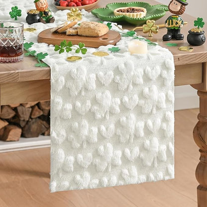 Artoid Mode White Soft Plush Faux Fur Jacquard Heart Clover St. Patrick's Day Table Runner, Seasonal Kitchen Dining Table Decoration for Home Party Decor 13x60 Inch