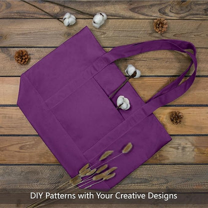 TOPDesign 6-Pack Canvas Tote Bags with an External Pocket, Reusable Grocery Shopping Bags, Top Zipper Closure, Daily Essentials (Purple)