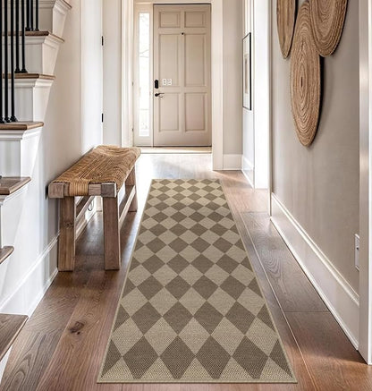 Easy Jute Checkered Runner Rug, 2.6x8 Brown Modern Washable Rugs Runner for Hallway Non-Slip Kitchen Runner Rug, Geometric Diamond Indoor Outdoor Carpet for Porch Laundry Entryway