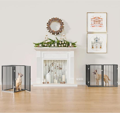 Vantas Folding No-Assembly Metal Pet Gate 80" Wide, 32" Extra Tall Dog Gate with Door Walk Through, Freestanding Accordion Puppy Gate Dog Door for Indoor & Outdoor, with 2PCS Support - Black