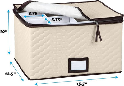 Wine Glass Storage Box with Dividers - Holds 12 Glasses up to 3.75" Wide - Stemware Storage Case - Protects Fine China - Durable Quilted Microfiber Bin with Carry Handles - Ideal for White Wine