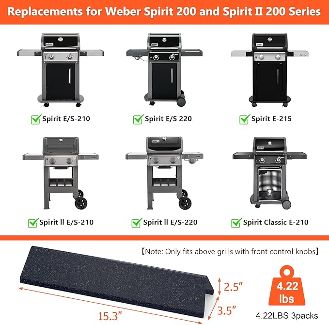 QuliMetal 7635 15.3" Flavorizer Bars for Weber Spirit E210, E220, S210, S215, Spirit 200 & GS4 Spirit II E210, Spirit II E220 with Front Control, 16GA Porcelain Steel Grill Heat Plates