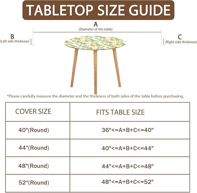 Lemon Round Fitted Tablecloth with Elastic Spring Summer Yellow Lemons Circle Table Cloth for 48-52" Round Tables Wipeable Waterproof Lemonade Party Farmhouse Table Cover for Picnic Dining Outdoor