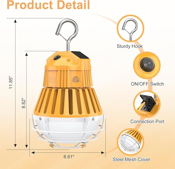 LED Temporary Work Light,48W/64W/80W Adjustable,4500K/5000K/5700K CCT Adjustable Construction Light with 10ft Cable Plug and Sturdy Hooks Linkable LED Work Job Site Lighting ETL Listed AC100-277V