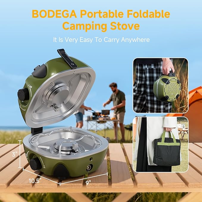 BODEGA 2 Burner Camping Stove, 20000 BTU Folding Propane Camp Stove with Adjustable Burners,Portable Dual Gas Stoves with Carry Handle&Bag for Camping,BBQ,RV,Home,Camping Essentials Gear