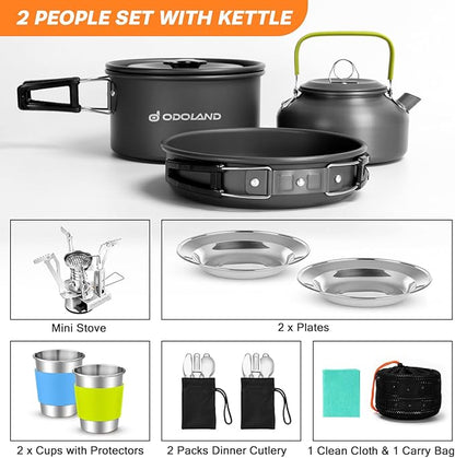 Odoland 16pcs Camping Cookware Set with Folding Camping Stove, Non-Stick Lightweight Pot Pan Kettle Set with Stainless Steel Cups Plates Forks Knives Spoons for Camping Backpacking Outdoor Picnic