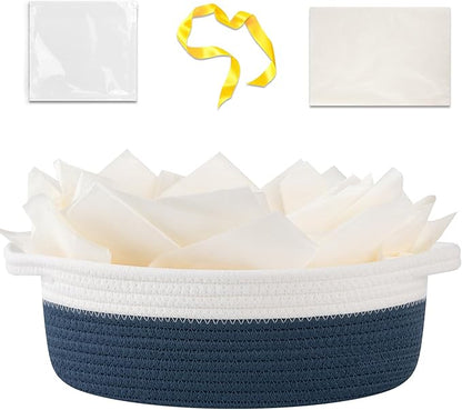 OIAHOMY Gift Basket Empty with Handle, 12"x 8"x 5" Small Woven Basket with Gift Bag, Ribbon and Wrap Tissue Paper, Dog Toy Storage for Organizing - Blue & White